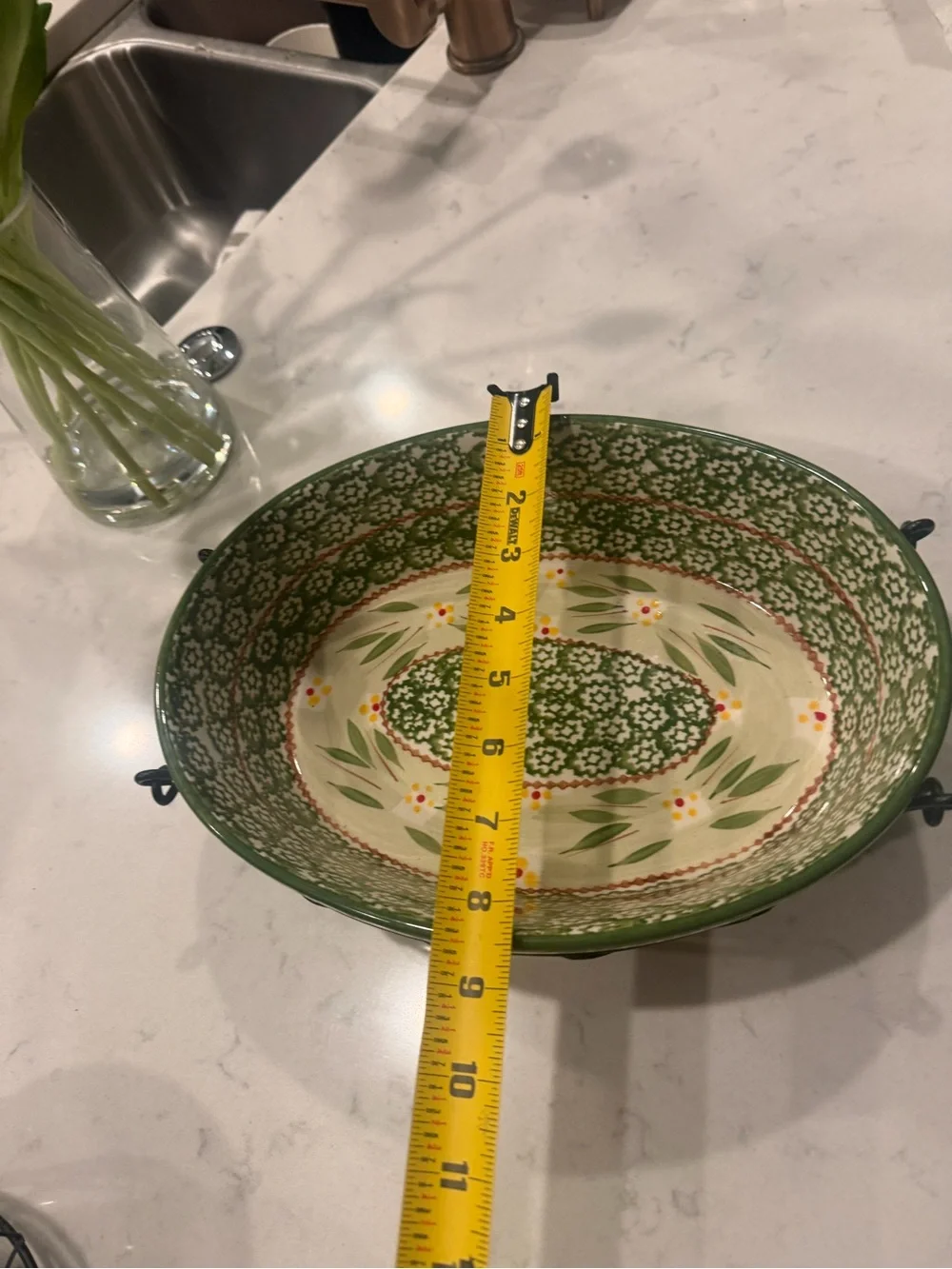 Hand-Painted Green Ceramic Serving Bowl with Wire Basket